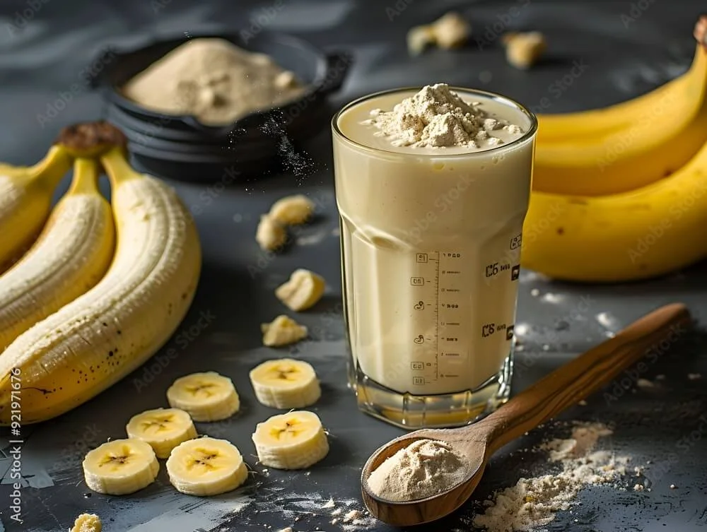 "Tasty protein milkshake with fruits and protein powder for a healthy boost."