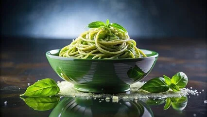 A Vibrant Plate of Green Spaghetti Topped with Fresh Herbs