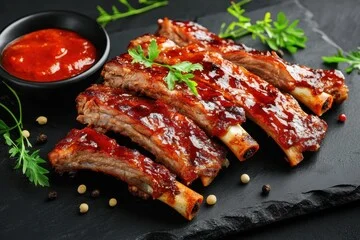 "Juicy beef back ribs glazed with BBQ sauce."