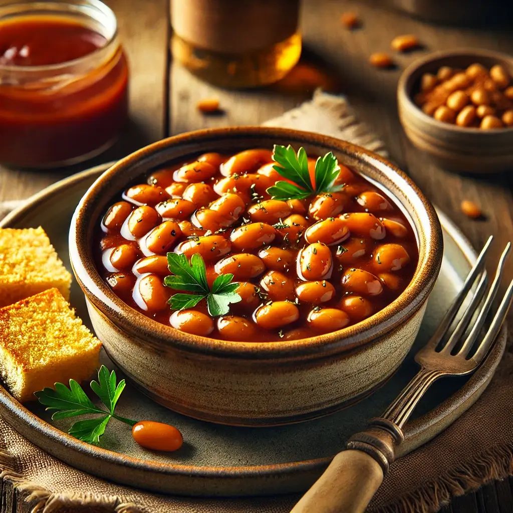 Boston baked beans in a rustic ceramic dish with rich molasses sauce