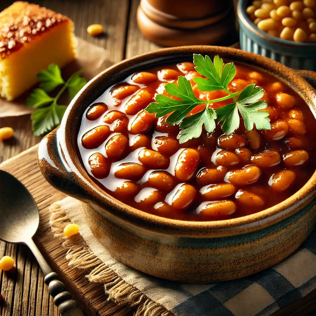 Rustic Boston baked beans with molasses glaze