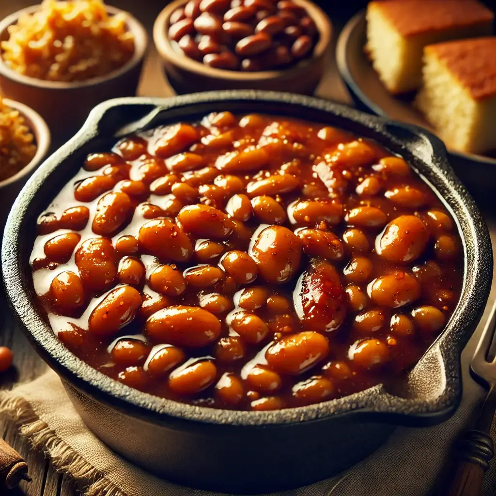 Rustic Boston baked beans with parsley garnish